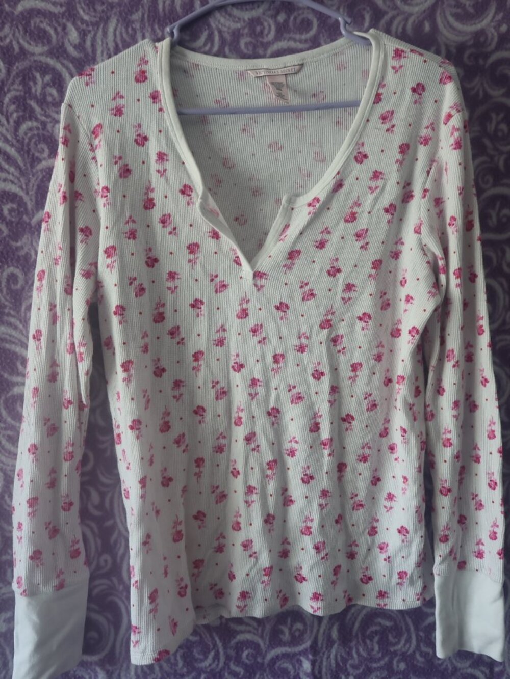 Victoria's Secret thermal rose pj pajamas set in white and pink size large.